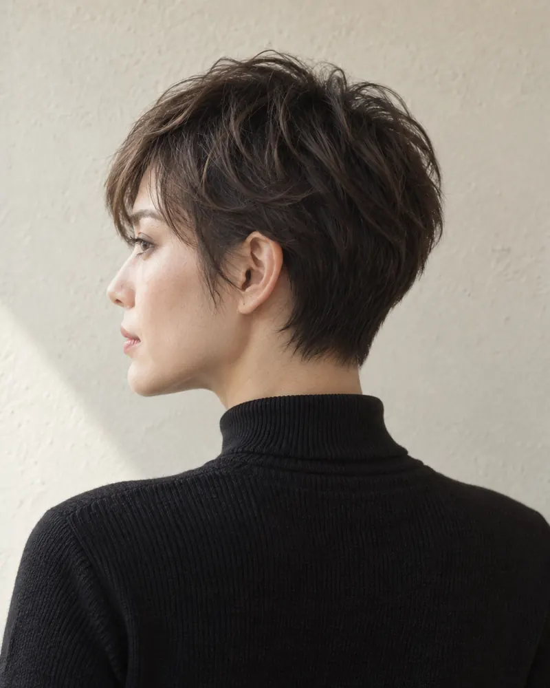 A soft pixie cut shaped to the head
